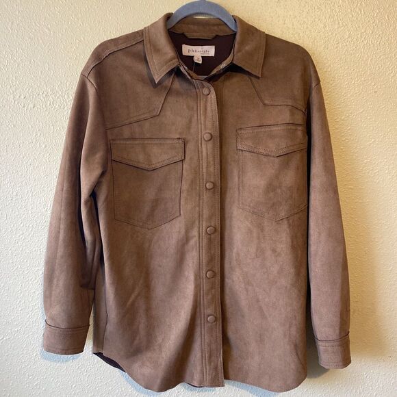 Philosophy Women's XS Vegan Suede Faux Caramel Brown Snap Shacket Western Jacket - Picture 8 of 14